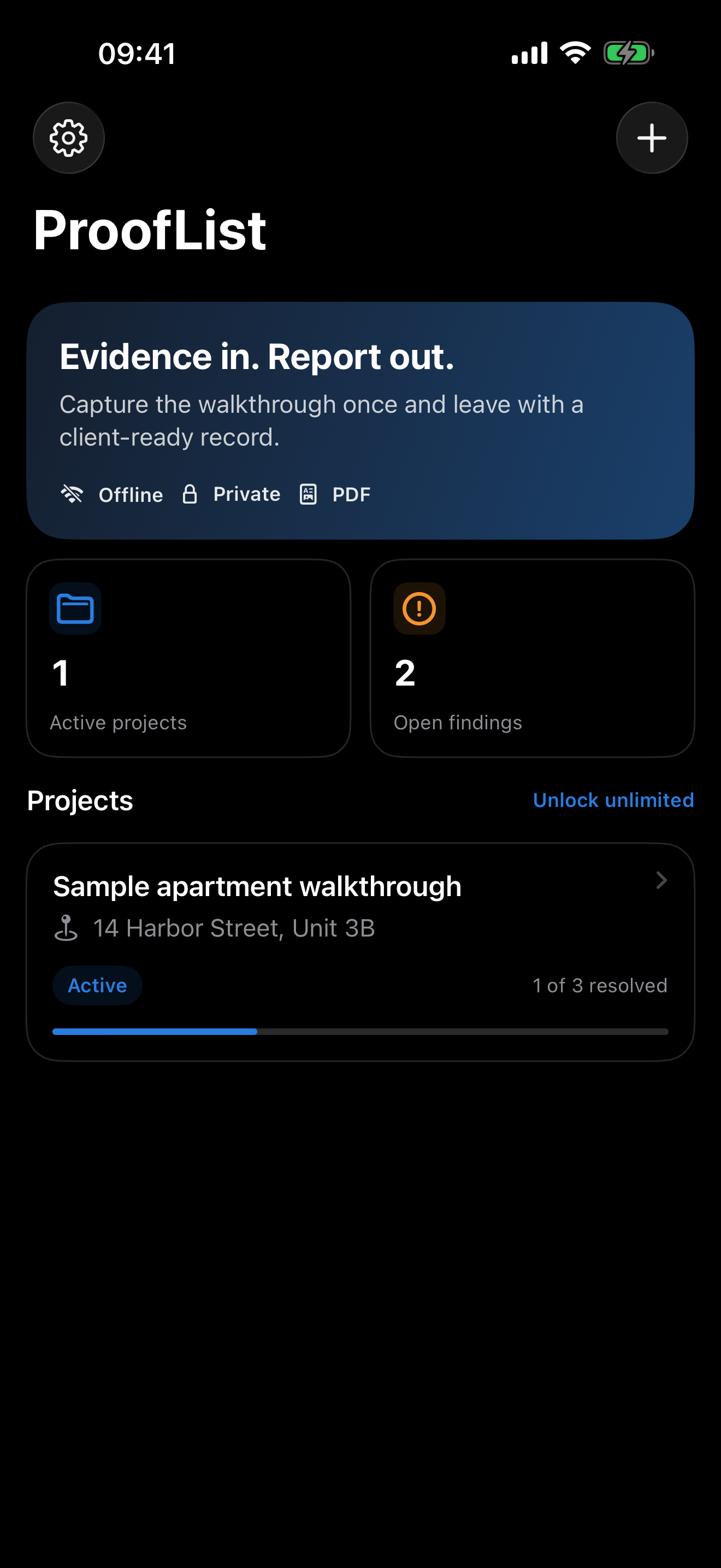 ProofList project dashboard
