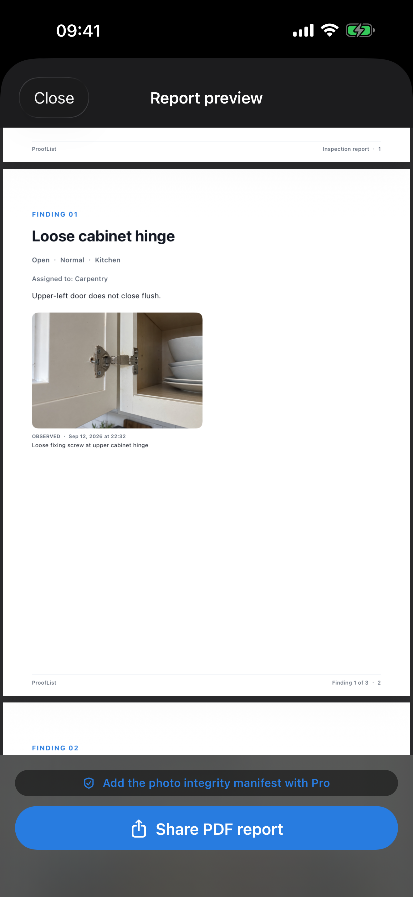 ProofList PDF report with an inspection photo