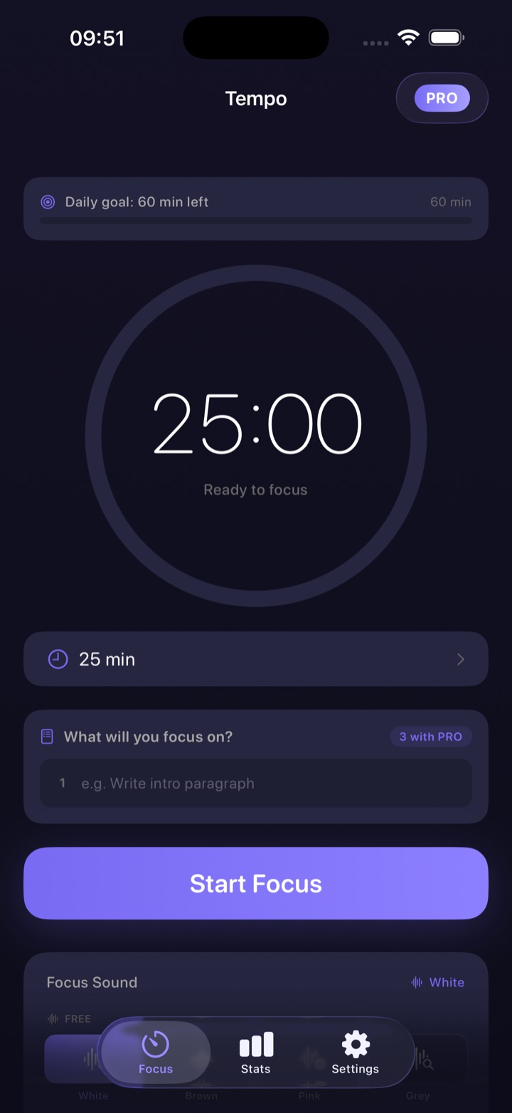 Tempo focus timer screen